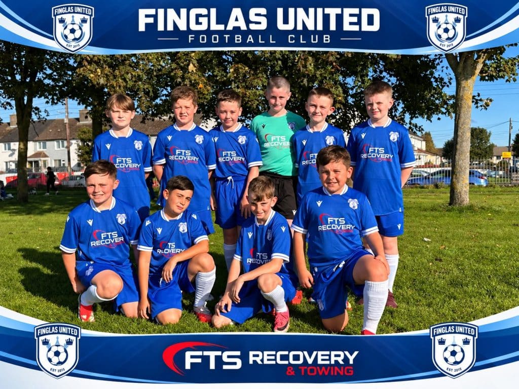Finglas United Under-11s team photo with FTS Recovery and Towing as kit sponsor